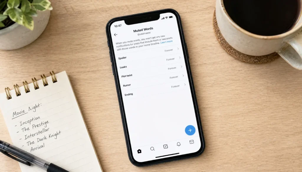 Smartphone showing Twitter muted words settings to block movie spoilers