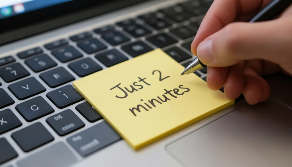 Hand placing a “Just 2 minutes” sticky note on a laptop to overcome procrastination.