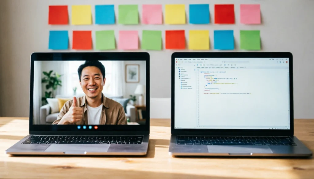 Two remote workers on a video call doing a virtual coworking session to stay accountable.
