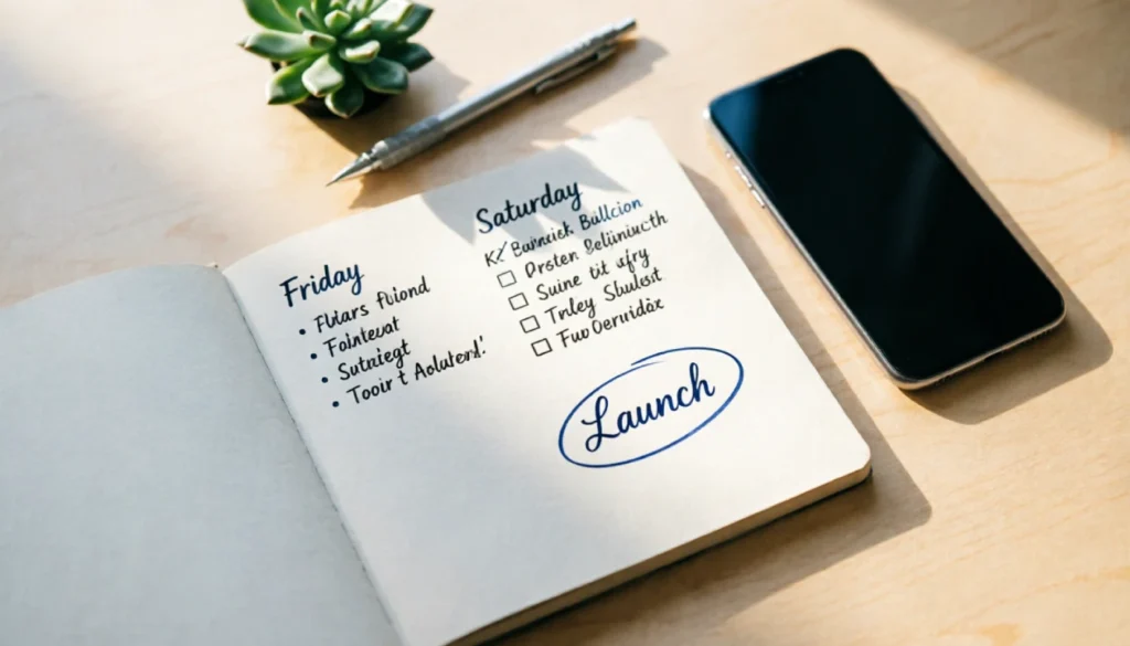 Open planner on a wooden desk showing a three-day MVP build schedule for Friday planning, Saturday building, and Sunday launch