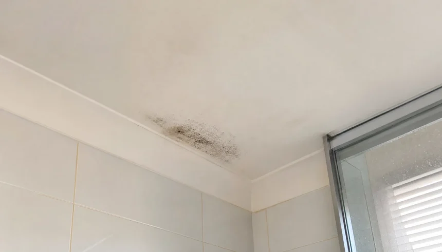 Dark mold spots forming on a white bathroom ceiling corner near the shower