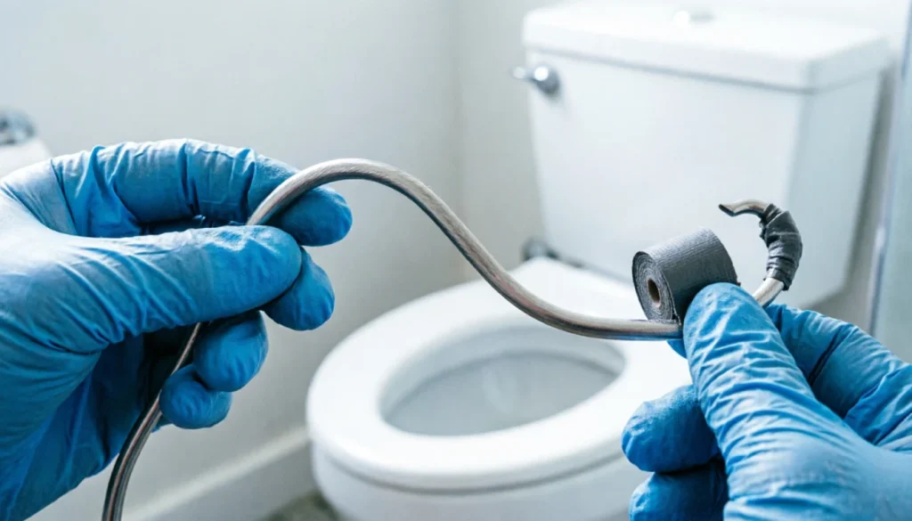 DIY wire hanger toilet snake tool being crafted to break up a toilet clog.
