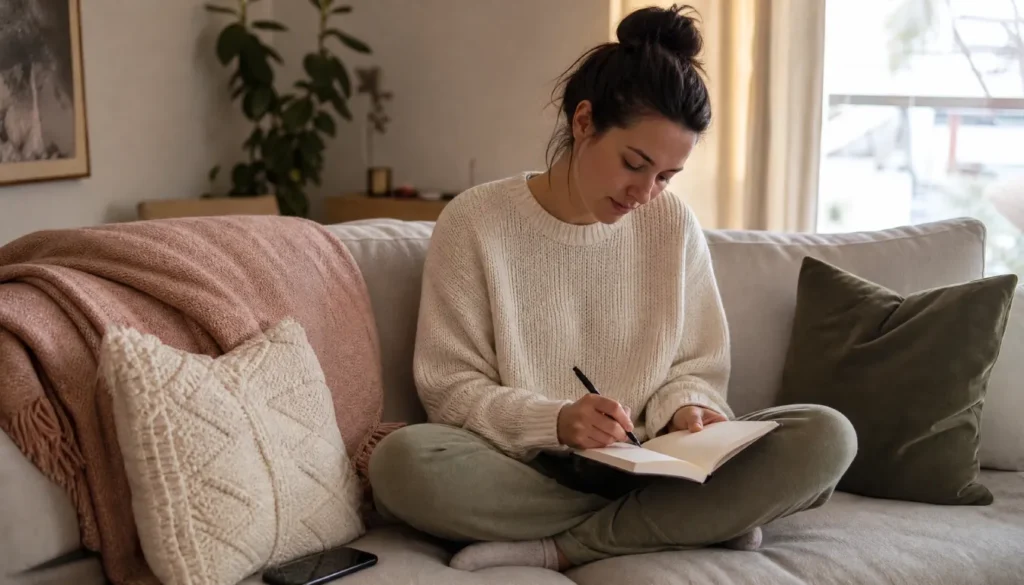 Woman sitting on a couch writing in her anxiety journal as part of a 5-minute morning journaling routine