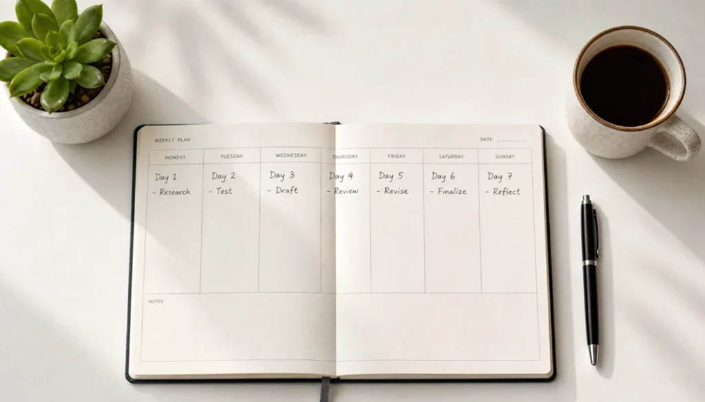 7-day business validation plan written in a weekly planner on a white desk