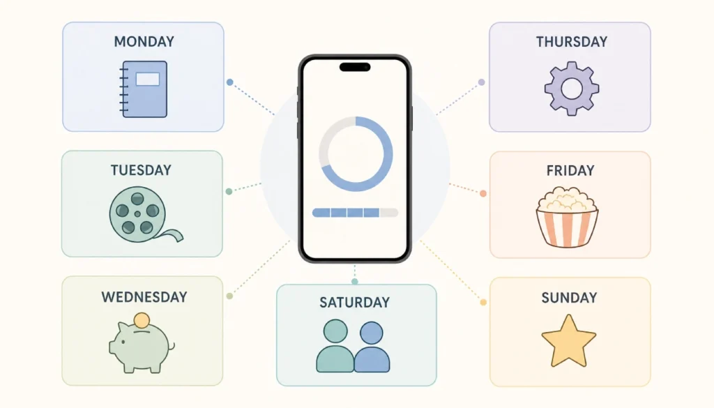 Printable 7-day streaming habit reset plan with daily focus icons for mindful watching.
