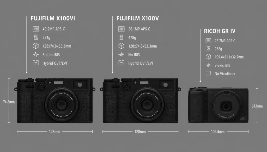 Eight comparison photos showing Fujifilm X100VI, X100V, and Ricoh GR IV performance in different lighting scenarios