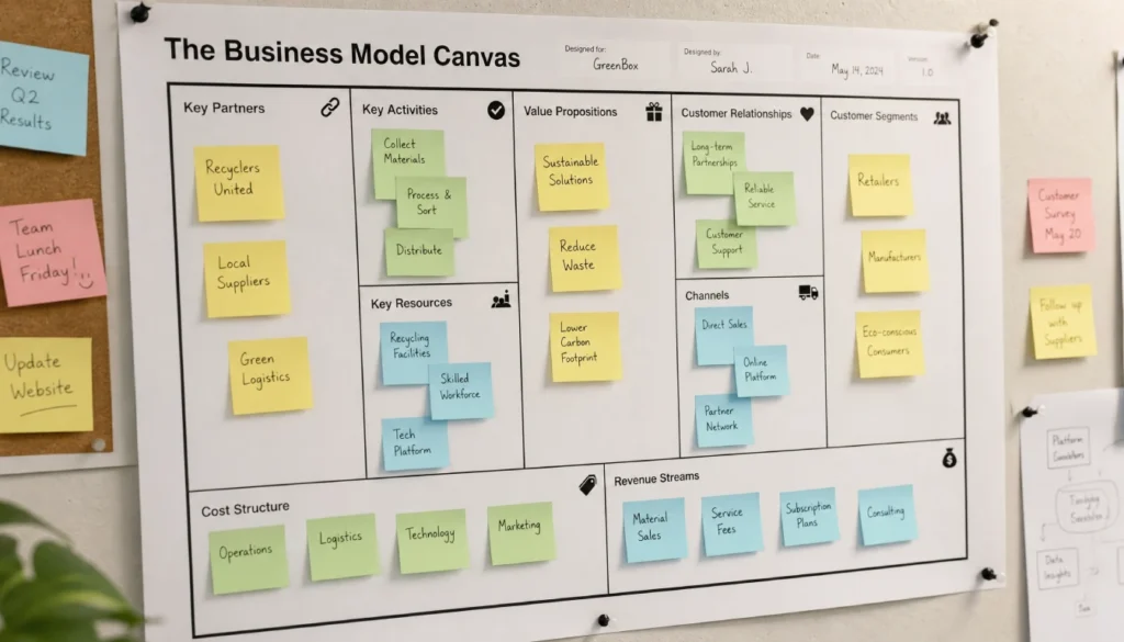 Business model canvas pinned to a wall with handwritten sticky notes in each of the nine building block sections
