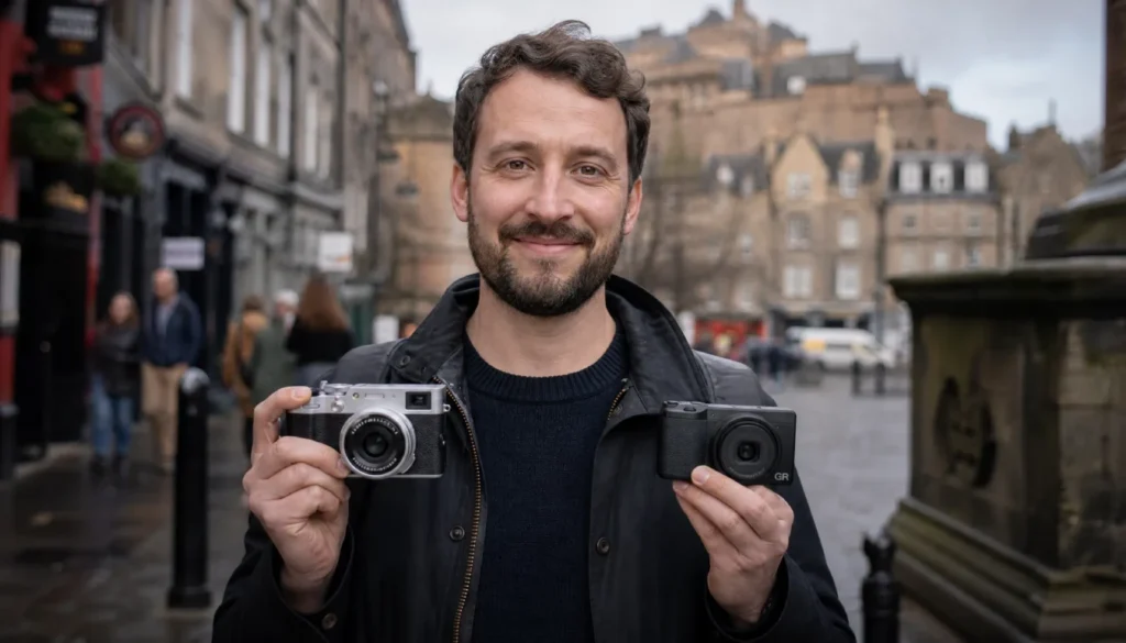 Photographer holding Fujifilm X100VI and Ricoh GR IV comparison