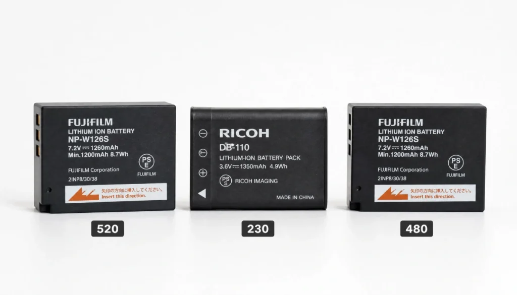 Fujifilm NP‑W126S battery next to Ricoh DB‑110 with shot counts per charge