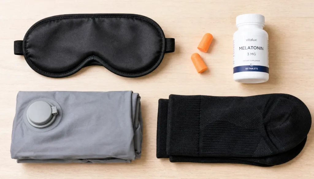 Minimalist airplane sleep kit with contoured eye mask, foam earplugs, melatonin, inflatable travel pillow, and compression socks laid flat on a white surface