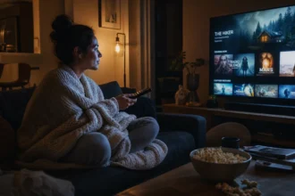 Person sitting on a cozy couch at night browsing hidden gem TV shows on a streaming platform