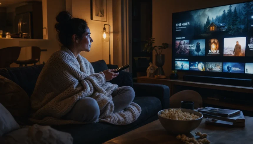 Person sitting on a cozy couch at night browsing hidden gem TV shows on a streaming platform