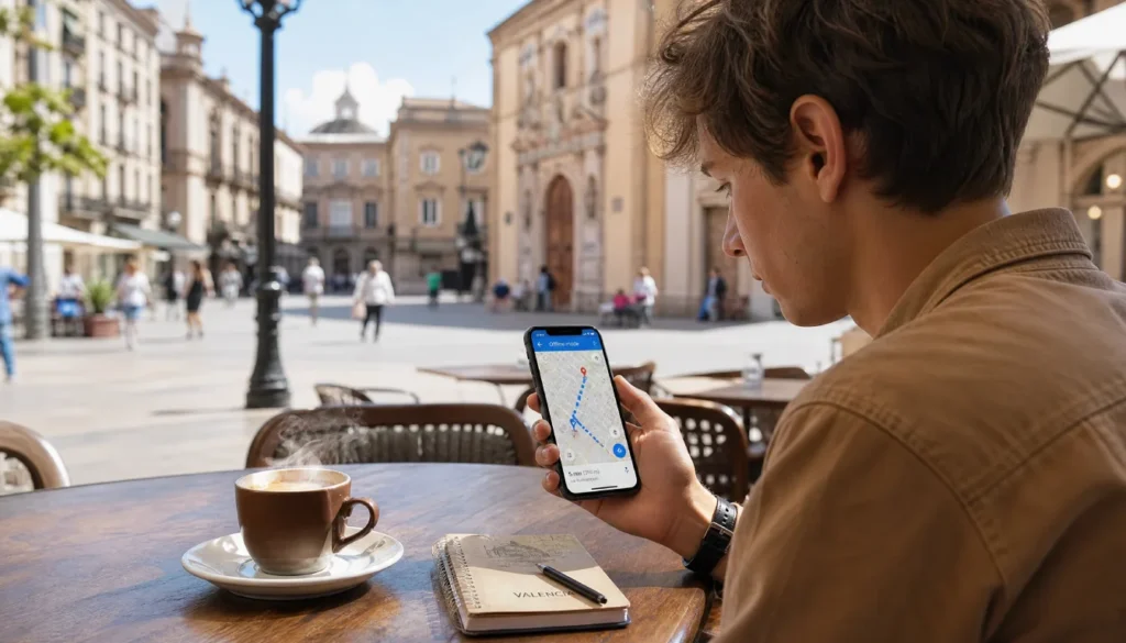 Traveler at an outdoor cafe checking Google Maps offline walking directions on their smartphone