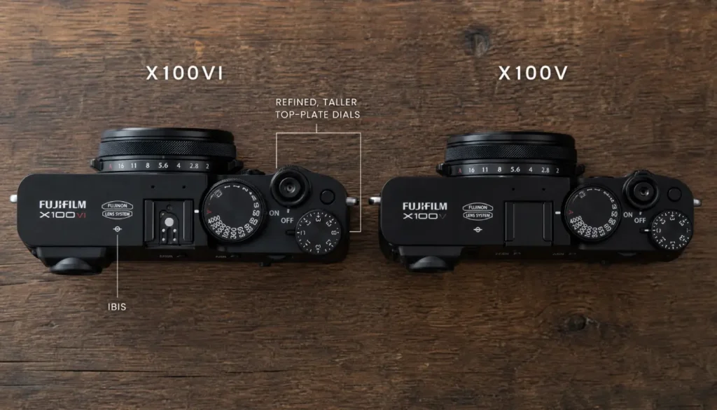Size comparison of Fujifilm X100VI, X100V, and Ricoh GR IV with key specifications