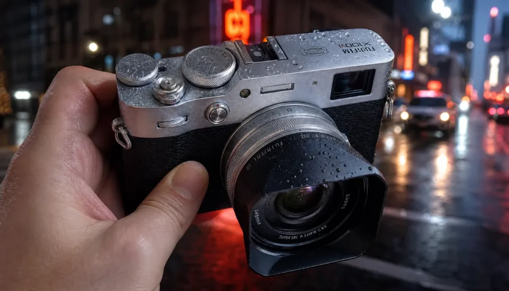 Fujifilm X100VI with weather‑sealing filter attached being used in rain