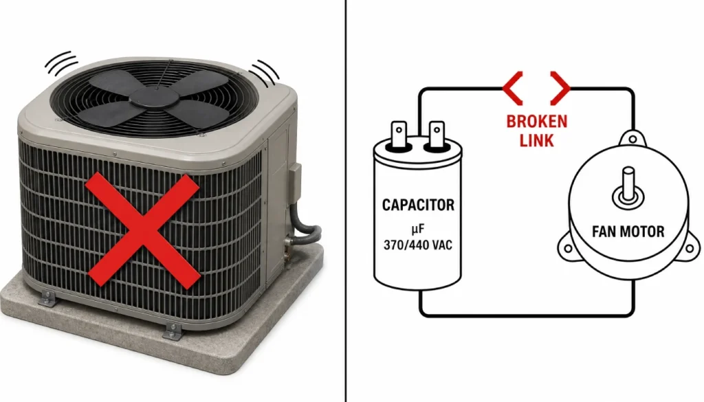 Diagram showing AC fan not spinning while capacitor hums – troubleshooting a bad capacitor