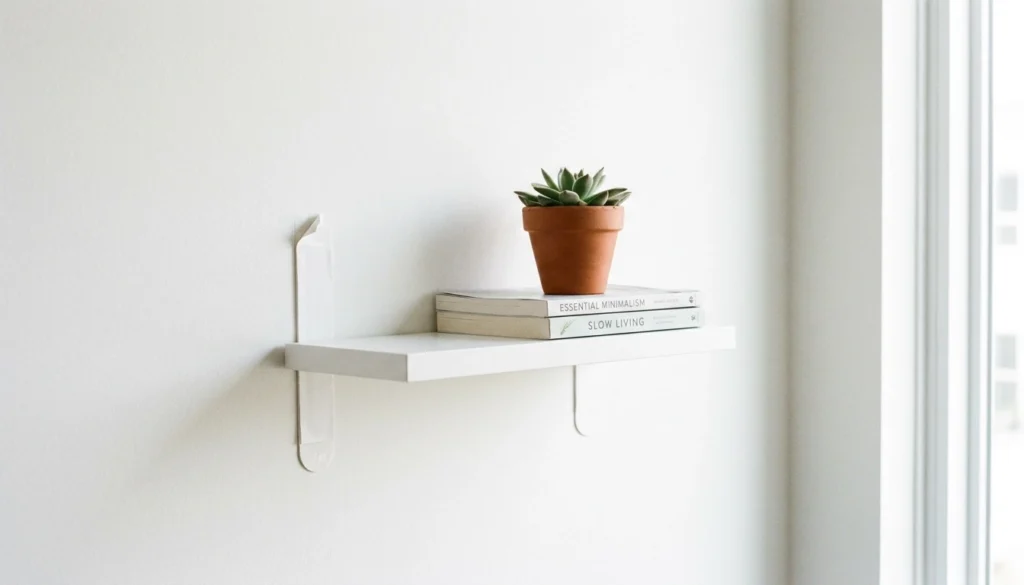 Floating shelf mounted on a white wall with heavy-duty adhesive strips, holding a plant and books, no stud finder used
