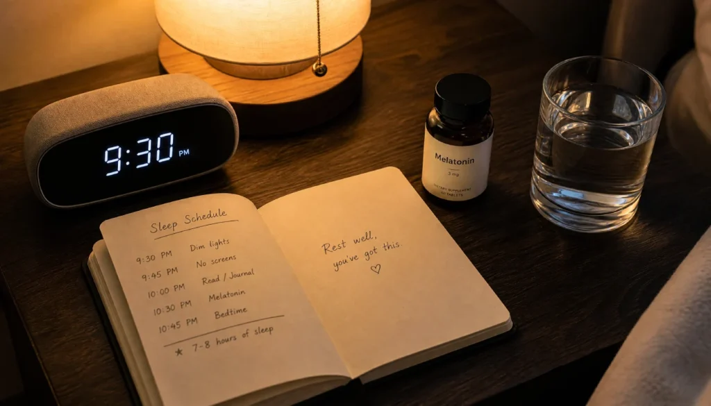 Bedside table with alarm clock, sleep journal, and melatonin supplement for pre-flight jet lag preparation