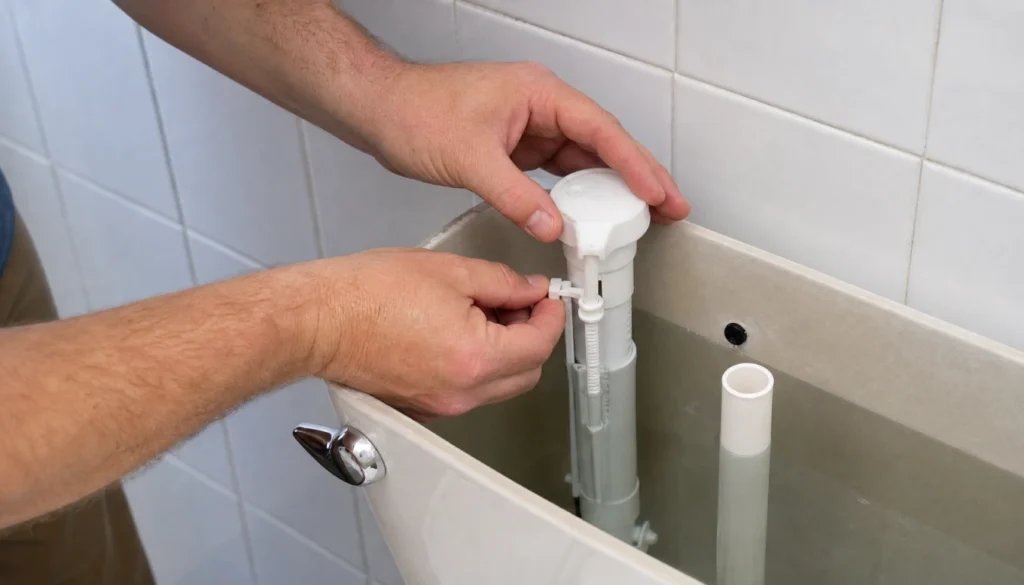 Person adjusting the float clip on a toilet fill valve to lower water level and stop phantom flushing