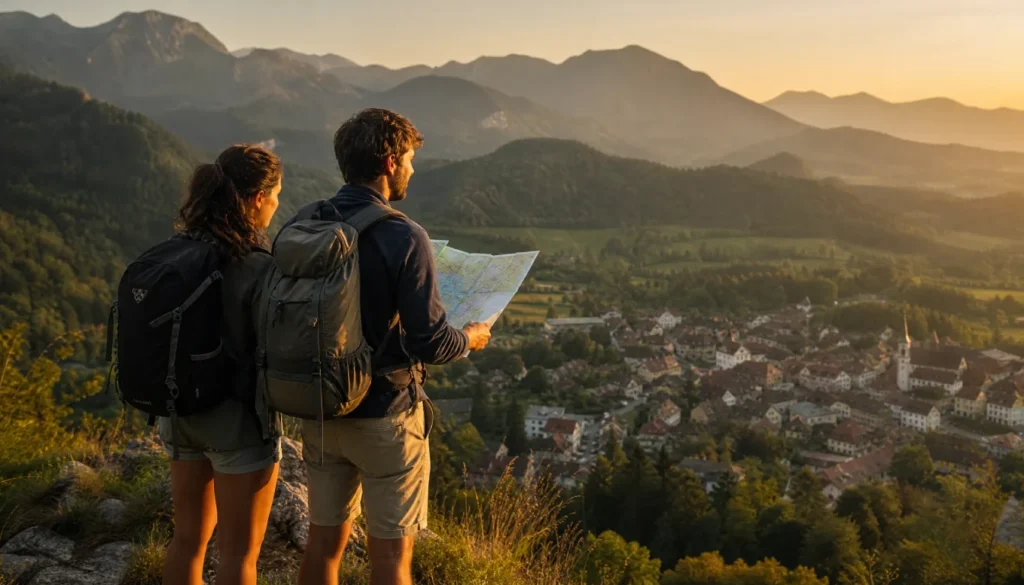 Couple with backpacks looking out at an affordable small town destination from a scenic overlook