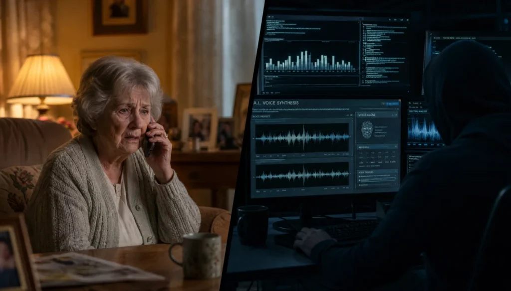 An elderly woman receiving a suspicious phone call while a scammer uses AI voice cloning software on a computer screen in the background.