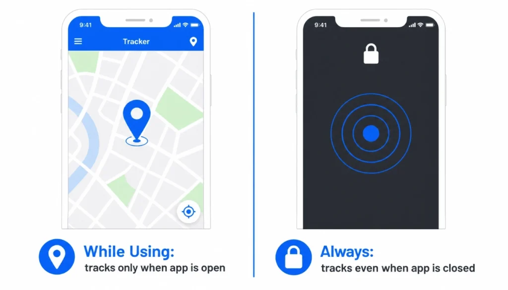 Comparison of iPhone location settings: Allow While Using vs Allow Always