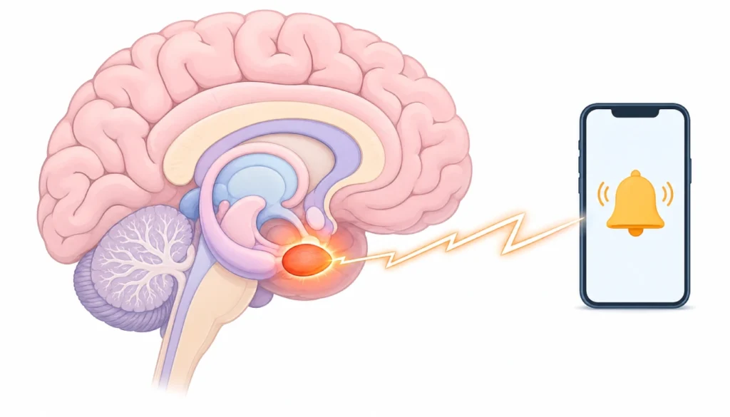 Diagram showing amygdala activation when a phone notification triggers anxiety
