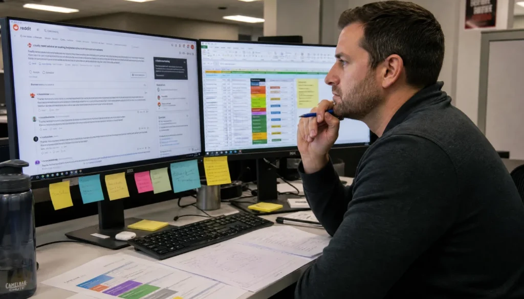 Entrepreneur analyzing Reddit comments on one screen while organizing feedback in a spreadsheet on another