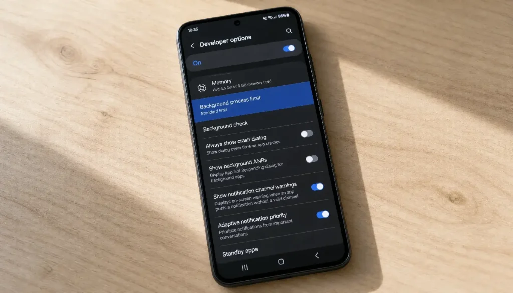 Android Developer Options menu showing the Background Process Limit setting
