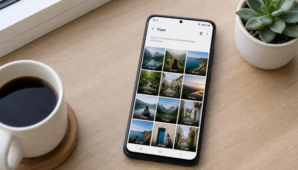 Android phone showing the gallery trash or recycle bin folder with deleted photos inside