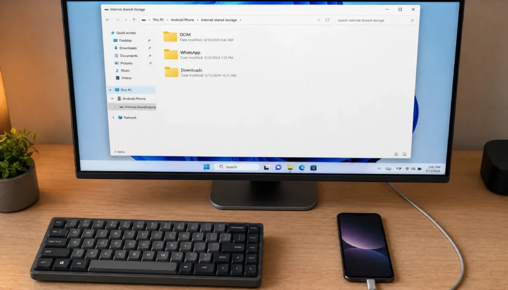 Android phone connected to Windows PC showing internal storage folders open in File Explorer
