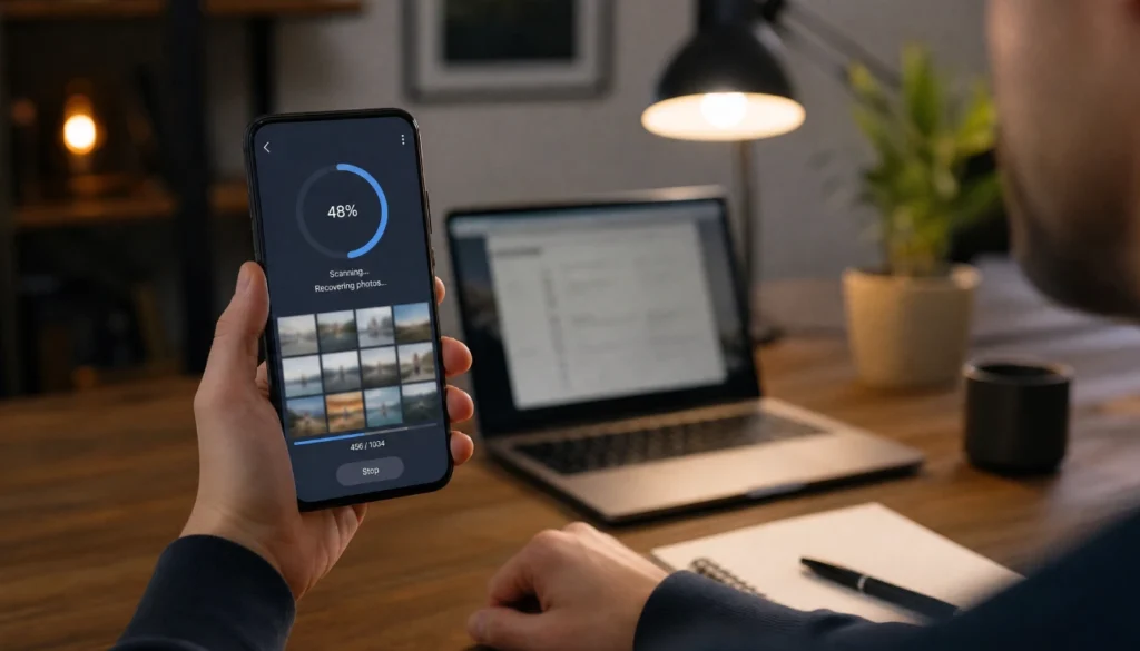 Android phone running a photo recovery scan app to retrieve deleted images without root access