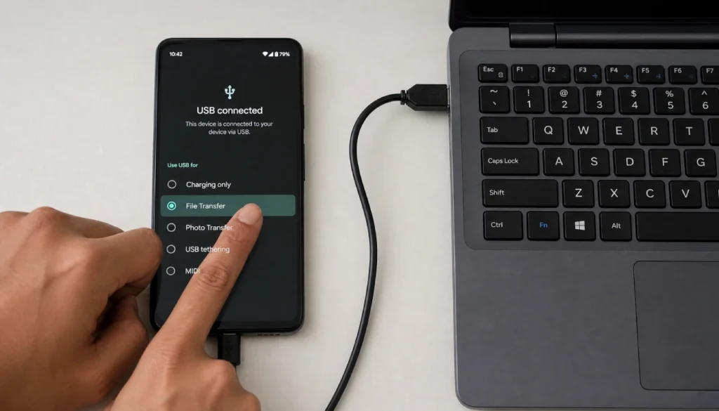 Phone screen showing USB File Transfer mode notification being selected before backing up to PC