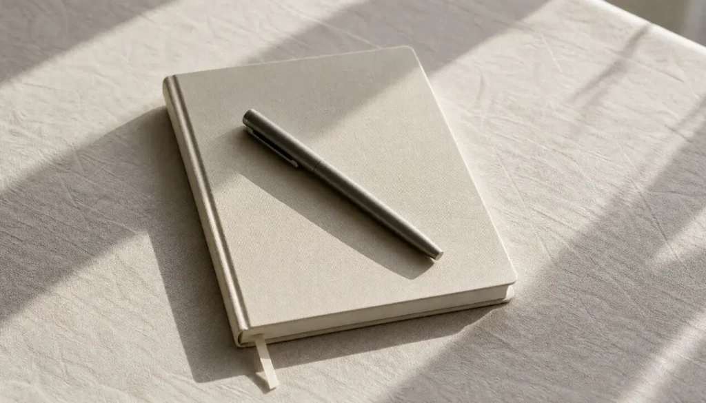 Unopened blank journal with a pen resting on top, representing the hesitation of starting to journal for anxiety