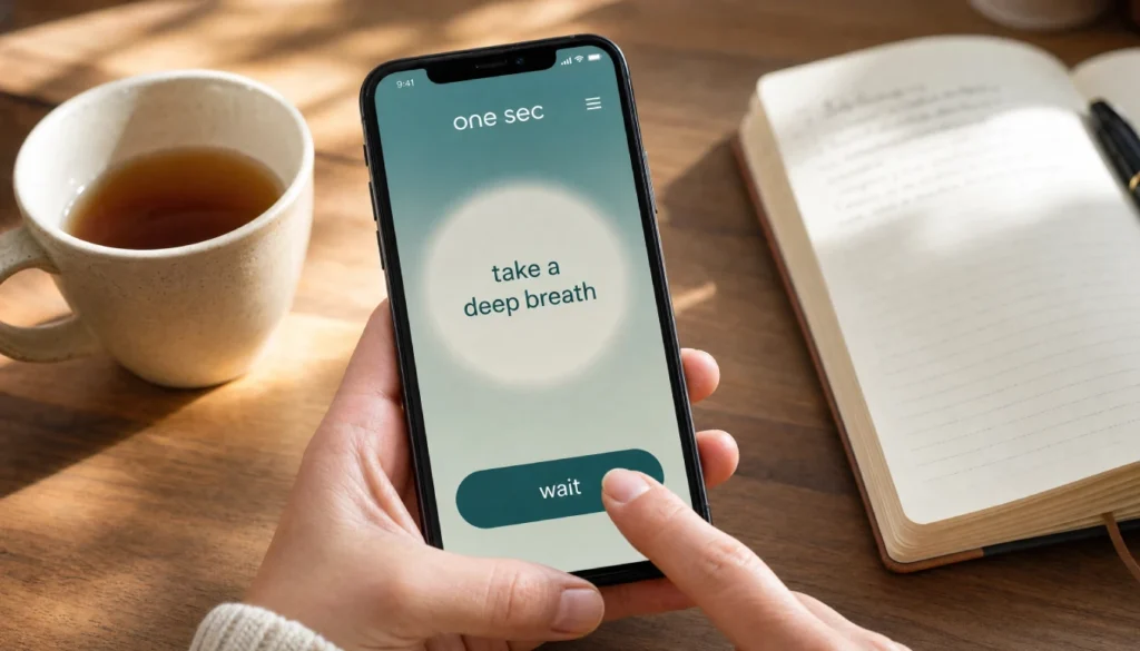 Friction app example showing a breathing prompt before accessing a social media app, reducing mindless use.