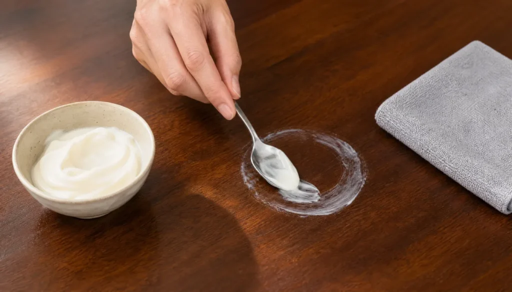 applying mayonnaise on water ring to remove white stain from wood