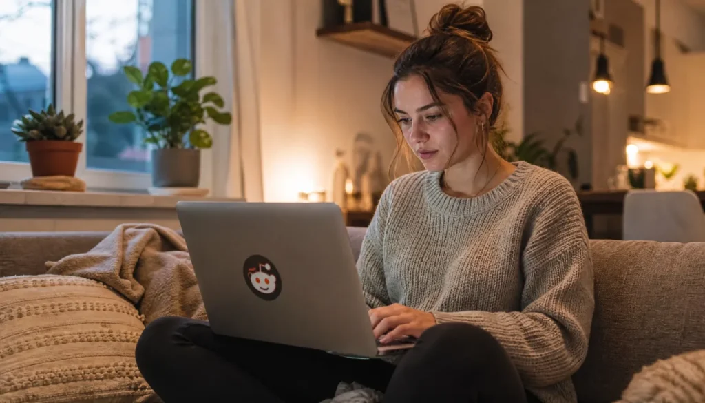 Woman typing a thoughtful question on Reddit to get honest feedback on her startup idea