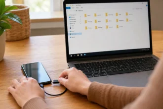 Person connecting smartphone to laptop with a USB cable to back up phone files without cloud storage