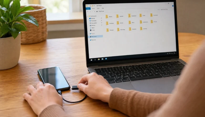 Person connecting smartphone to laptop with a USB cable to back up phone files without cloud storage