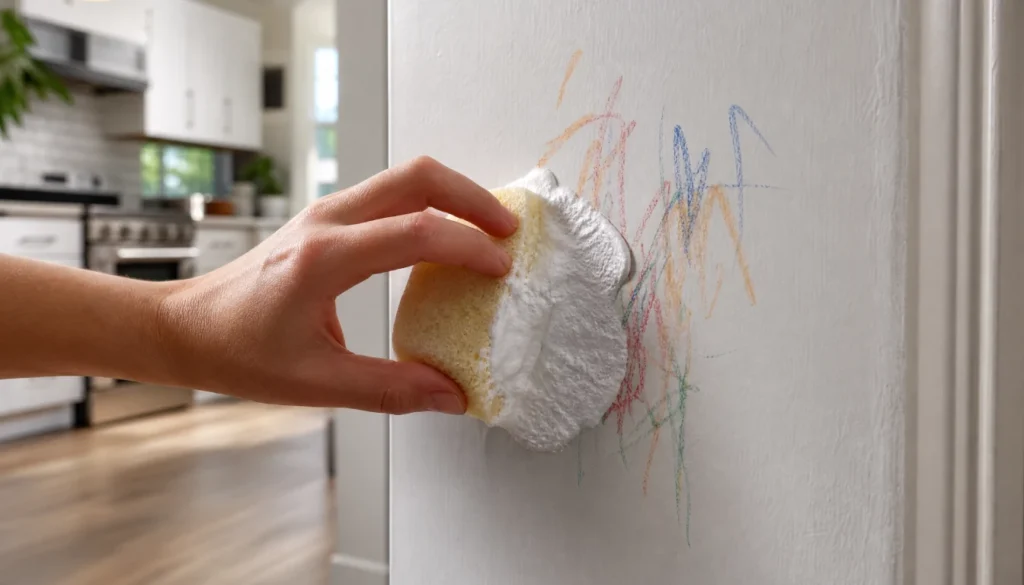 Applying baking soda paste on crayon marks on a painted wall without scrubbing