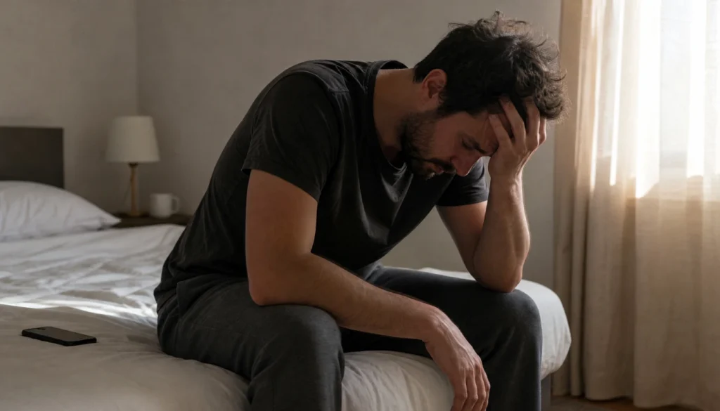Tired person sitting on bed in the morning after staying up late scrolling their phone