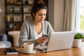 A young woman troubleshooting her laptop and smartphone at a cozy home desk.