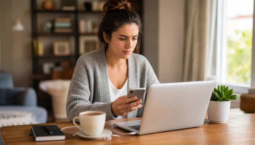 A young woman troubleshooting her laptop and smartphone at a cozy home desk.