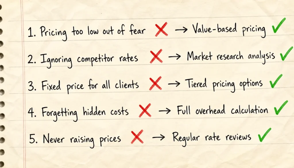 Hand-drawn notebook list of five beginner digital product pricing mistakes and how to fix each one