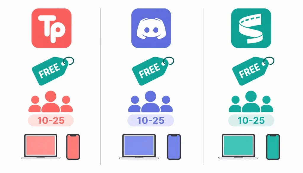 Comparison table of Teleparty, Scener, and Discord for virtual movie nights showing price, max viewers, and device support