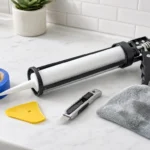 Beginner caulking tools laid out on a bathroom counter including a caulk gun, silicone tube, painter's tape, and smoothing tool
