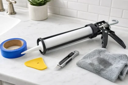 Beginner caulking tools laid out on a bathroom counter including a caulk gun, silicone tube, painter's tape, and smoothing tool