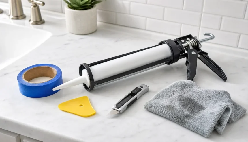 Beginner caulking tools laid out on a bathroom counter including a caulk gun, silicone tube, painter's tape, and smoothing tool