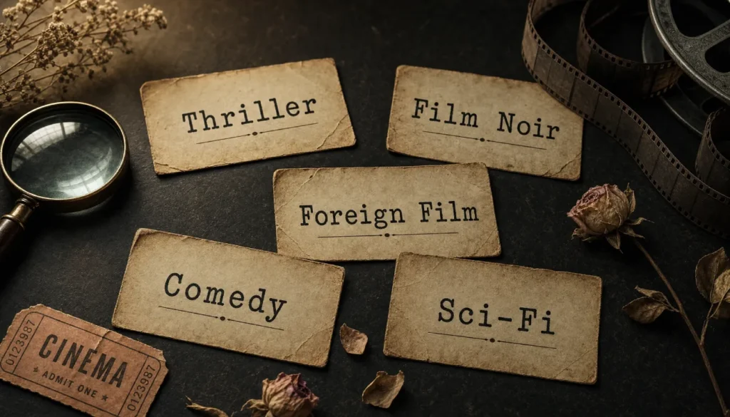 Vintage film genre cards arranged in a flat lay with a film reel strip and old cinema ticket stubs