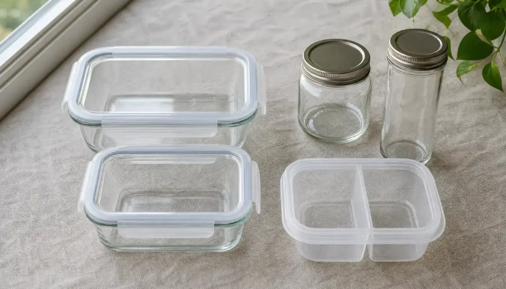 Glass meal prep containers for one person including snap-lid boxes, a mason jar, and a divided container arranged on a gray cloth